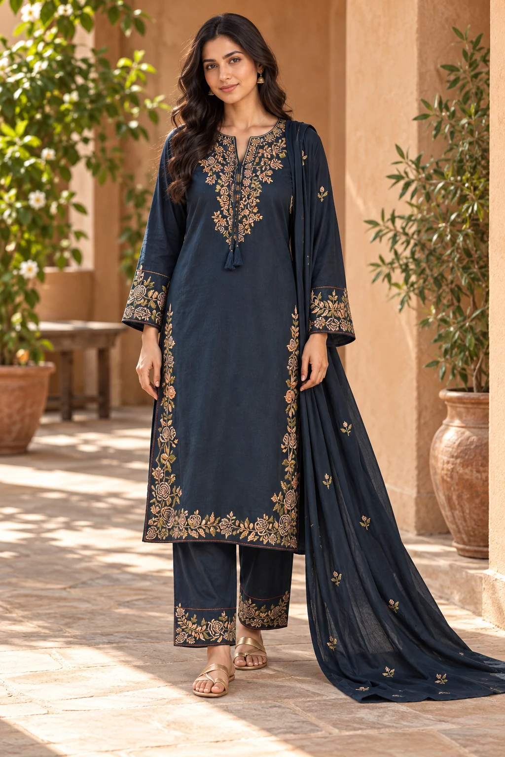 Deep Teal Floral Border Three-Piece Kurta Set - AI model styling.