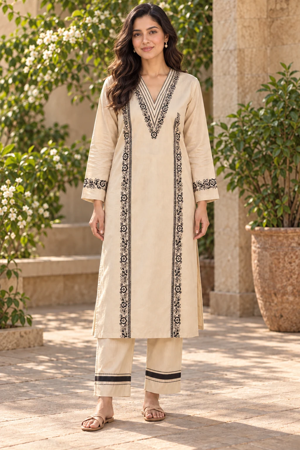 Ivory & Black Floral Border Two-Piece Kurta Set - AI model styling.