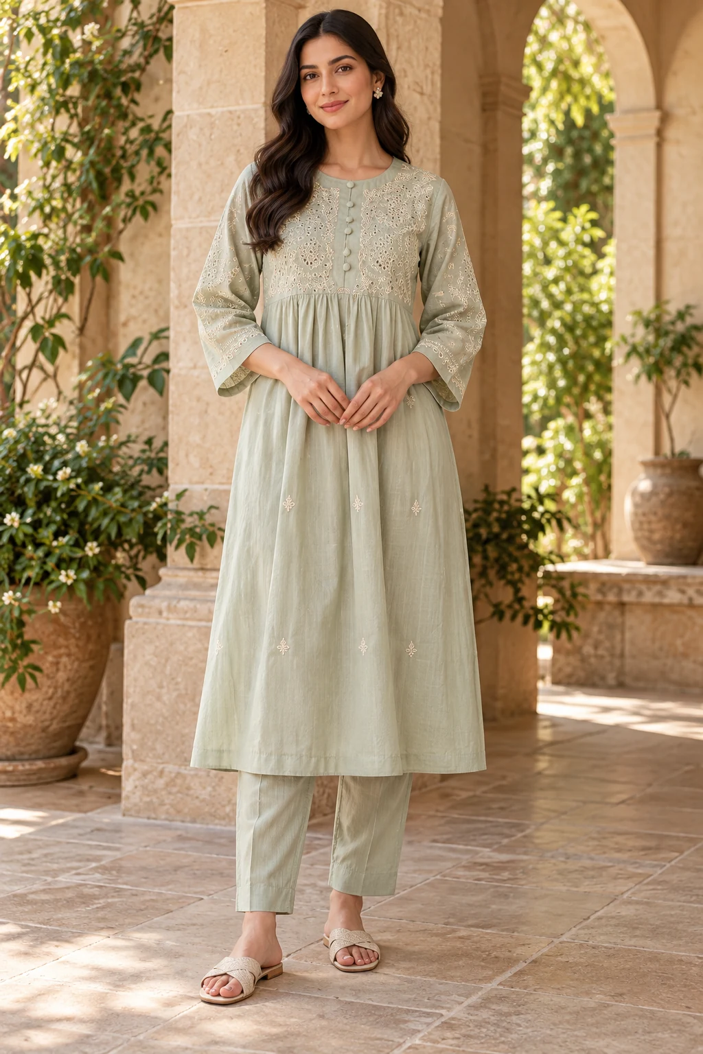 Pale Sage Floral Detail Two-Piece Kurta Set - AI model styling.