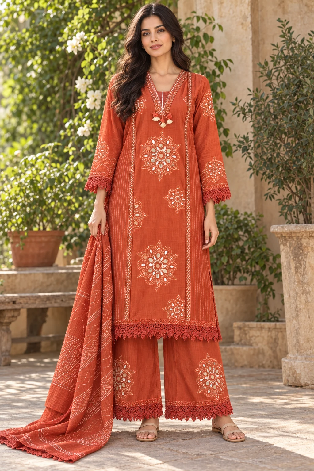 Rust Floral Three-Piece Kurta Set - AI model styling.