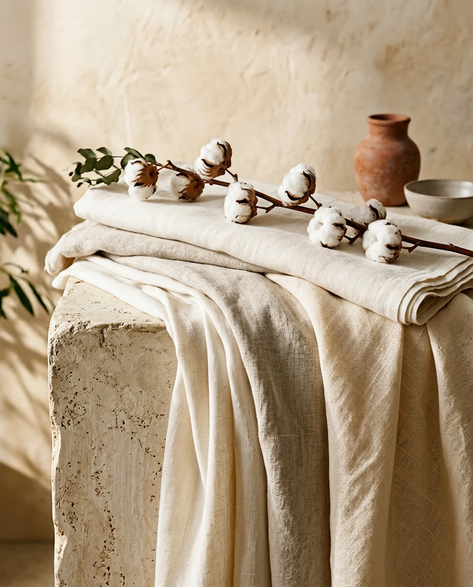 Illustrative still life of softly folded cotton cloth and natural cotton bolls in warm sunlight.
